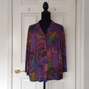 100% Rayon Multicolor Patterned Long Sleeve Button Down Loose Fit Shirt.